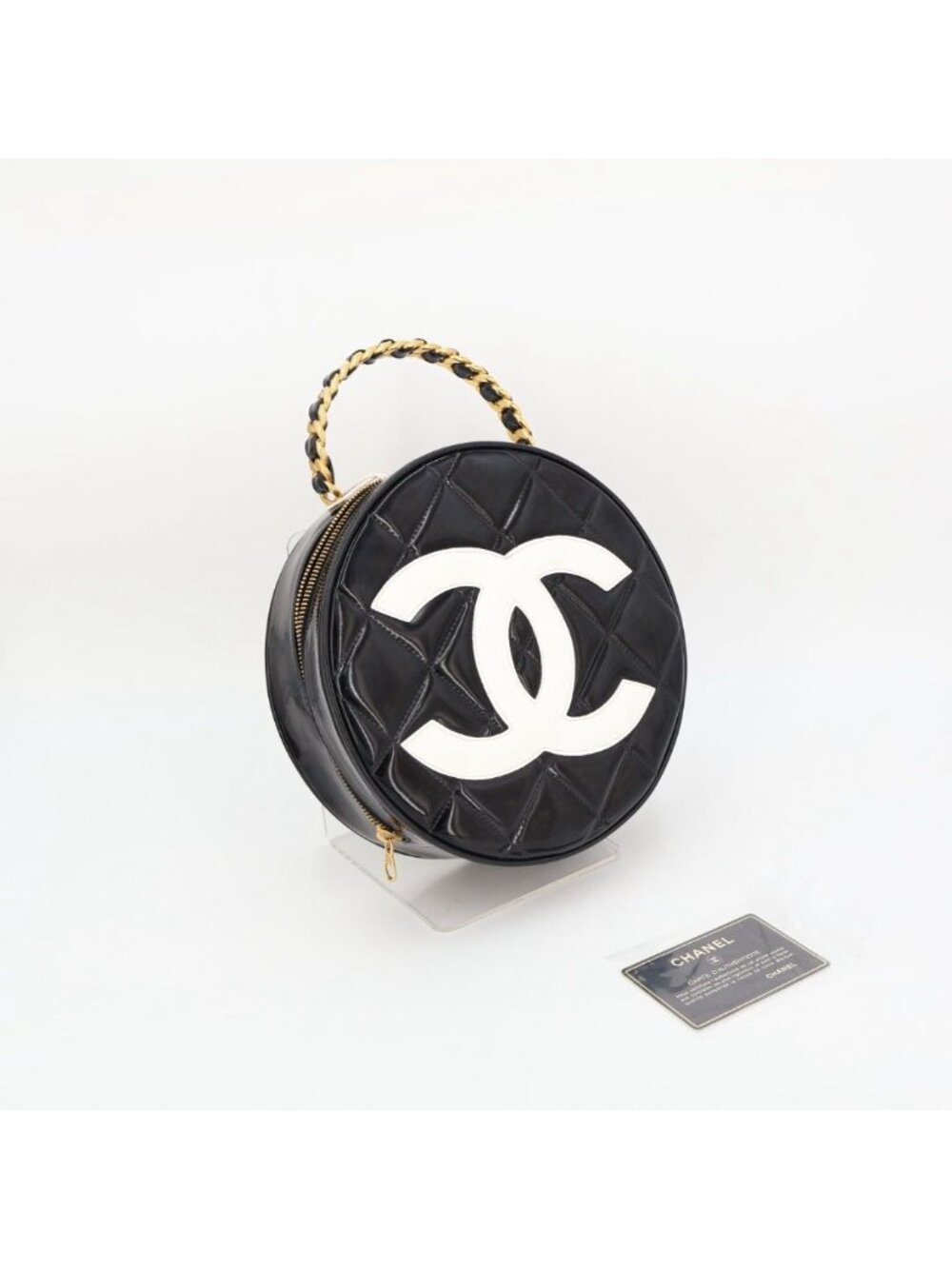 Chanel CC Logo Patent Leather Handbag Round Vanity Black Gold